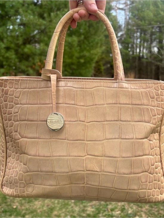 Furla Handbags - Furla Croc-Embossed Tan Leather Tote with Logo Charm